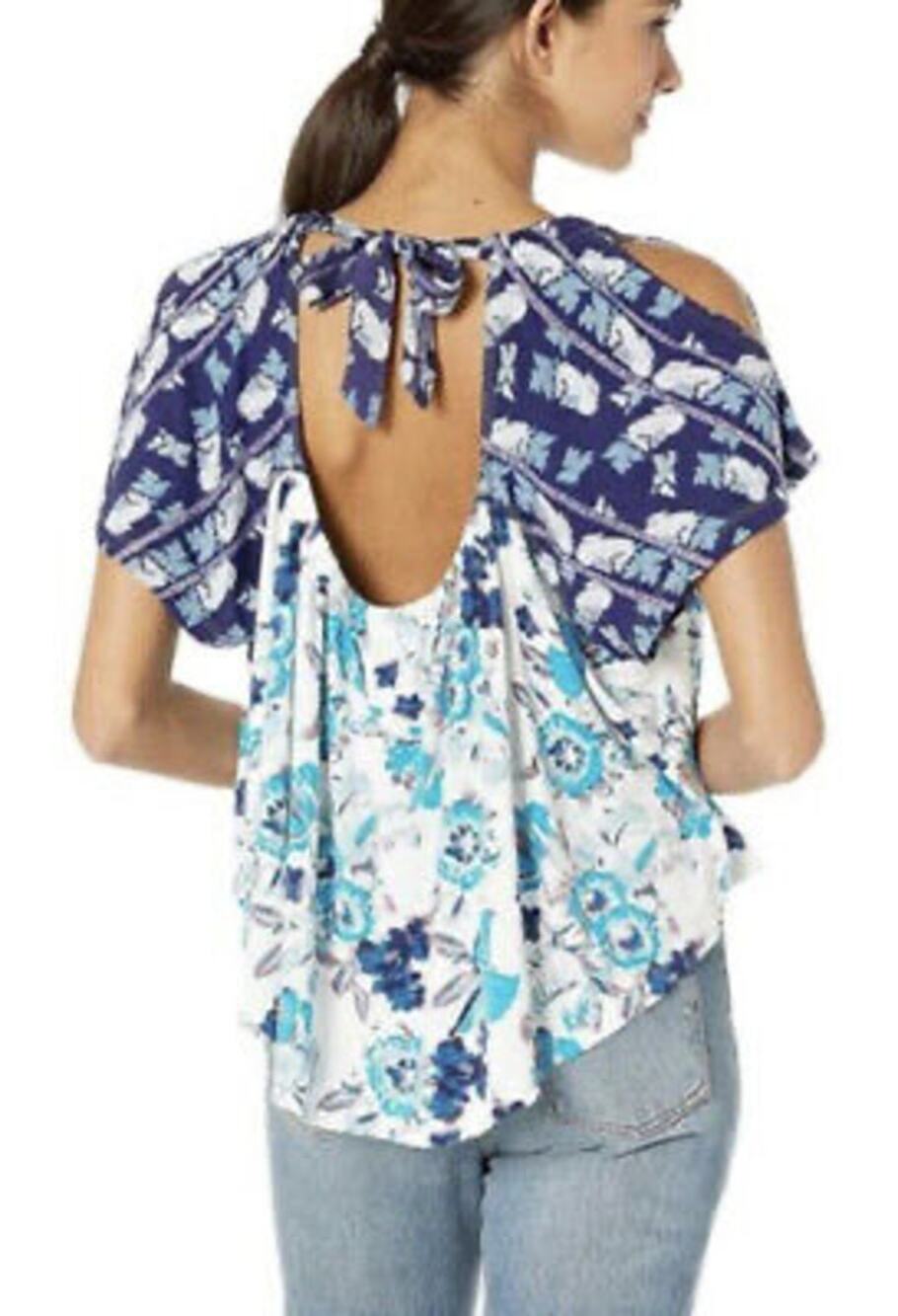 Free People Baja Babe Cold Shoulder Top Women's XS S Blue Floral Boho Tie Back
